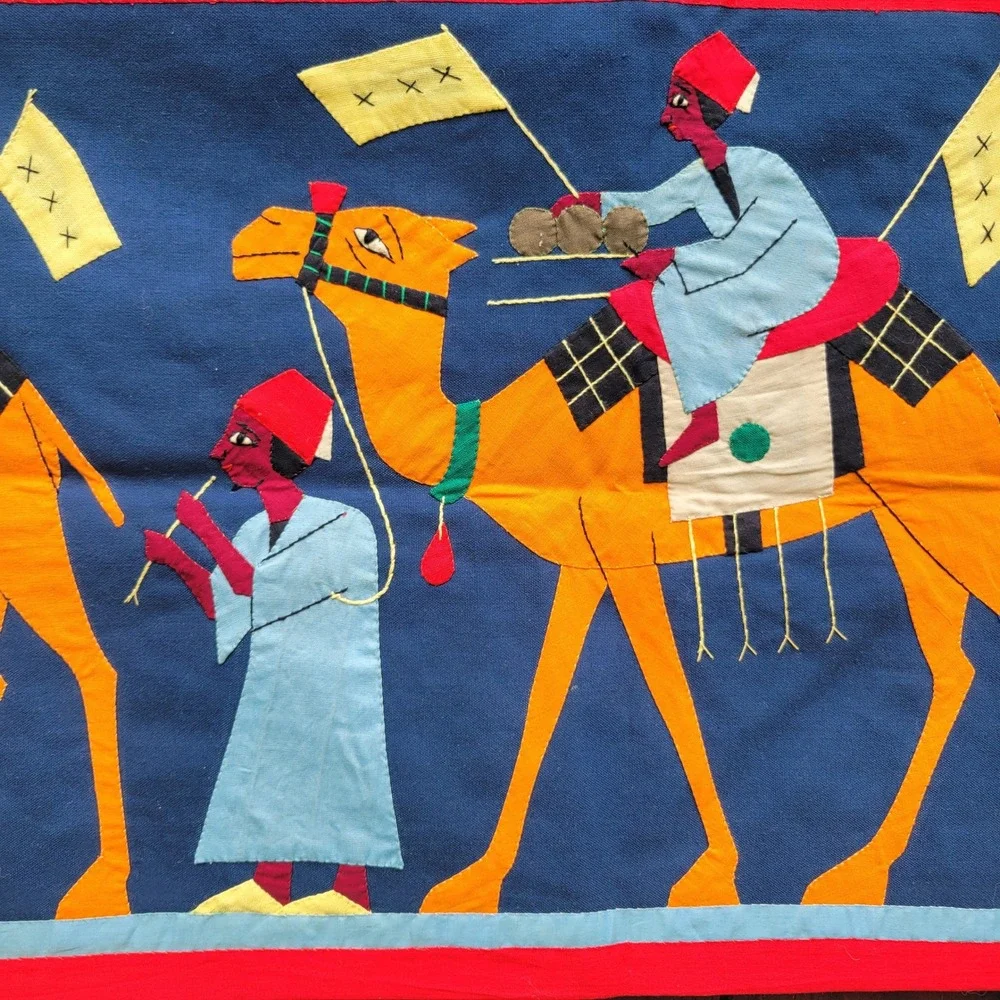 Vintage Egyptian Khayamiya Applique Wall Hanging Camel Caravan Textile Folk Art